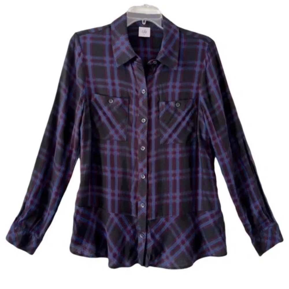 CAbi | Moody Plaid Peplum Button Down Long Sleeve Shirt, Medium